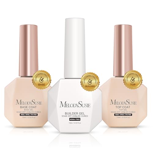 Image of MelodySusie Hema Free Top Coat Base Coat Builder Gel Set Long Lasting Shine Finish Soak Off UV LED Nail Lamp Nail Polish Art Design Manicure Kit Perfect Gifts for Women Girls 3 Pcs 15ml Clear