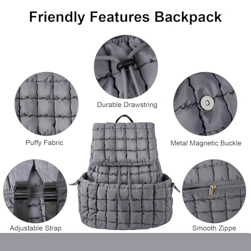 XSUIOY Quilted Backpack Purse for Women Small Lightweight Puffer Puffy College Laptop Backpack Nylon Casual Bookbag Daypack Top Flap Drawstring Padding Hiker Travel Gym Backpack(Grey)4
