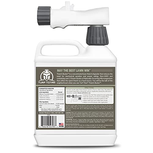 Turf Titan Thatch Buster All-Natural Lawn Aerator & Grass Dethatcher - Hose End Liquid Soil Loosener & Conditioner for Green Grass (32 oz), Healthy Soil in 45 Days - Enhance 1,000 Sq Ft with 4 oz
