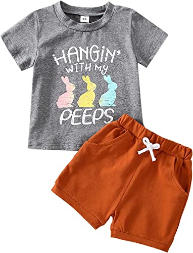 Image of BeQeuewll Toddler Baby Boy Easter Outfit Letter Bunny Print Short Sleeve T-Shirt and Shorts Summer Clothes Set