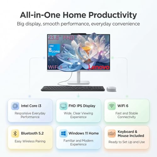 Image of Lenovo 24 inch All-in-One Desktop Computer, Intel 8-Core i3-N305 up to 3.8GHz,16GB DDR4 RAM, 512GB PCIe SSD, 23.8 inch FHD IPS Display, WiFi 6, Bluetooth 5.2, Win 11 Home, Keyboard & Mouse, Cloud Grey
