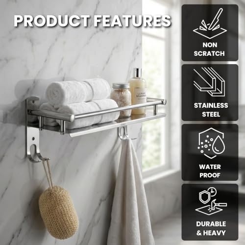 Image of GLOXY Premium Combo Pack of 3 Stainless Steel Single Shelf Wall Mount with Multipurpose Hooks - Chrome Finished Bathroom Stand Shelf Bathroom Fittings Accessories Set for Home, Office & Restaurants