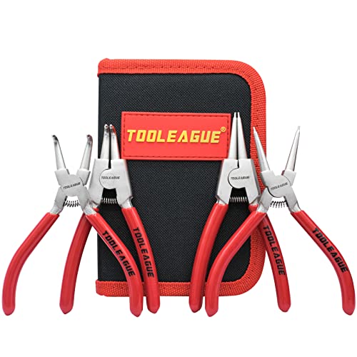 TOOLEAGUE 4 Pcs Mini Snap Ring Pliers Set, Circlip Pliers, 5 inches Internal/External Heavy Duty for Ring Remover Retaining Straight Bent Lock Ring Pliers Set (5 inches, red)