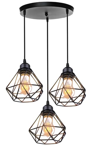 TOKIUS Lampadario a Sospensione Industriale Metallo 3 Luci E27 Lampada da soffitto Gabbia a Forma Plafoniere Interni Per Cucina Camera da letto