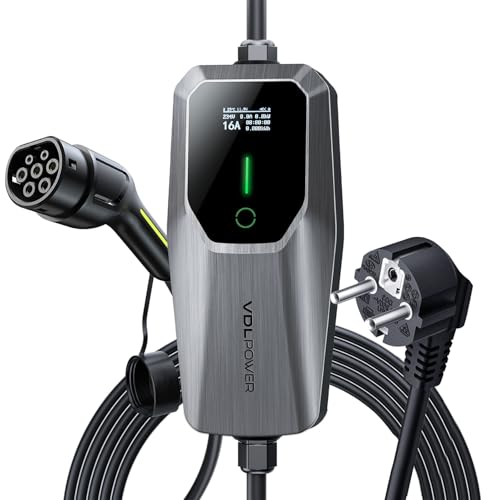 VDLPOWEREU Cargador EV tipo 2, 3,6 kW, cable de carga para coche, cargador para vehículos eléctricos, 16 A, 5 m, monofásico, EU Schuko, IP65 (IEC 62196-2)