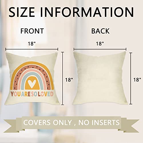 Image of Boho Rainbow Home Decorative Throw Pillow Cover, You are So Loved Inspirational Quote Heart Cushion Case 18x18 for Girls Kids Bedroom Nursery Decor Bohemian Neutral Baby Shower Decoration Gifts