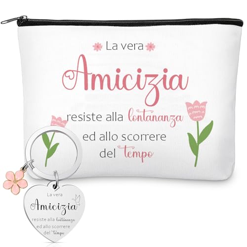 Immagine prodotto: Xuniea Set di Regalo per Amica e Sorella Includere 1 Borsa per Cosmetica in Tela 1 Portachiavi con Fascino di Fiori Rosa Portafortuna Amicizia Regalo per Compleanno Giorno del Ringraziamento Natale