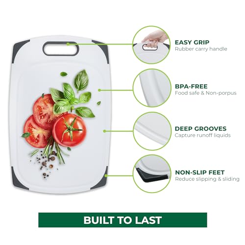 Image of Plastic Cutting Boards for Kitchen, Cutting Board Set of 3, Juice Grooves with Easy Grip Handle, BPA-Free, Non-Porous, Dishwasher Safe, White