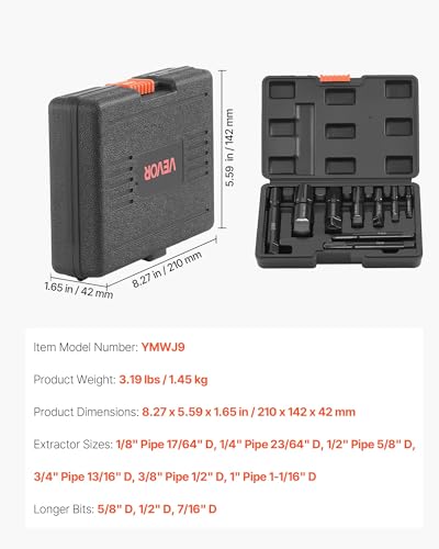 Image of VEVOR Pipe Extractor Set, 9 Pieces Heavy Duty Steel Broken Pipe Extractors, with Solid Storage Case, Cr-Mo Steel for Removing 1 /8 inch to 1 inch Damaged Threaded Pipes and Fittings, for Plumbers Mechanics DIY