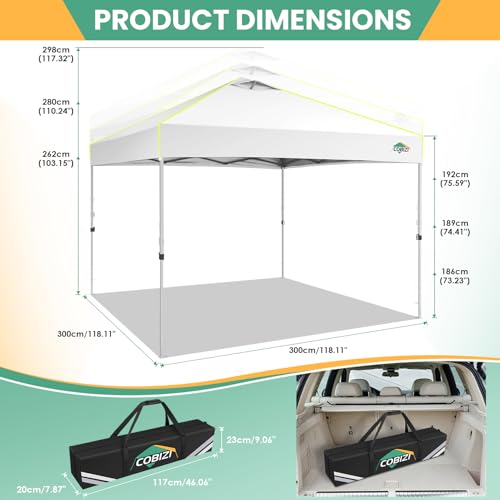 Image of COBIZI 10x10 Pop Up Canopy Tent, Outdoor Party Tent Without Sidewall One Push Setup Glow, 3 Adjustable Height Air Vent Waterproof UPF50+, Bag, 4 Sandbag, 8 Stake, 4 Rope for Beach, Commercial