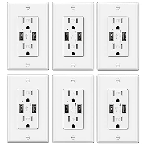 6 Pack - ELECTECK 3.6A Dual USB Charging Ports, USB Wall Receptacle Outlet, 15A/125V/1875W, Decor Wallplate Included, UL Listed, White 6 Pack - ELECTECK 3.6A Dual USB Charging Ports, USB Wall Receptacle Outlet, 15A/125V/1875W, Decor Wallplate Included, UL Listed, White
