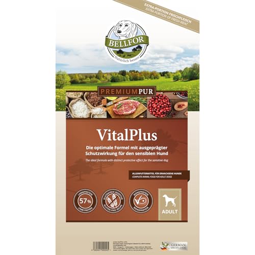 Bellfor PUR VitalPlus Trockenfutter für Hunde, glutenfrei mit hohem Lammanteil, 10 kg - reich an Omega-3 & natürlichen Antioxidantien. Getreidefreies Trockenfutter für Hunde.