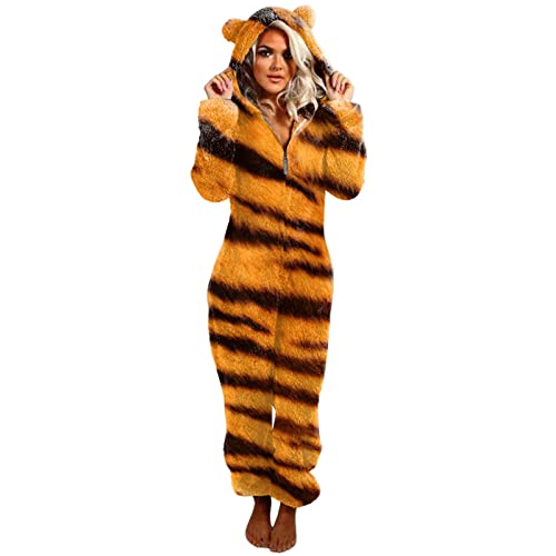 ZJRXM Women's Fleece Non-Footed Onesie Loungewear Pajamas Animals Print Cute Cartoon Warm Onesie Hooded Romper Pajamas Yellow