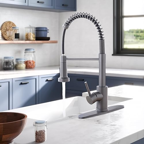 Image of HGN Kitchen Faucet with Pull Down Sprayer, Commercial Single Handle Spring Kitchen Sink Faucets for Farmhouse Camper Laundry Utility Rv Wet Bar Sinks Grey