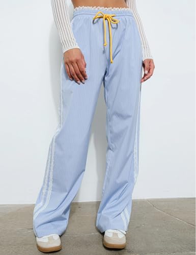 Gozoloma Women's Striped Pants Side Lace Design Wide Leg Trousers with Pockets2