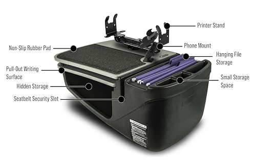 Image of AutoExec AE-GMCD-PM-PS-GT GripMaster Car Desk for Your Vehicle Workstation and Mobile Office, Grey with Phone Mount and Printer Stand