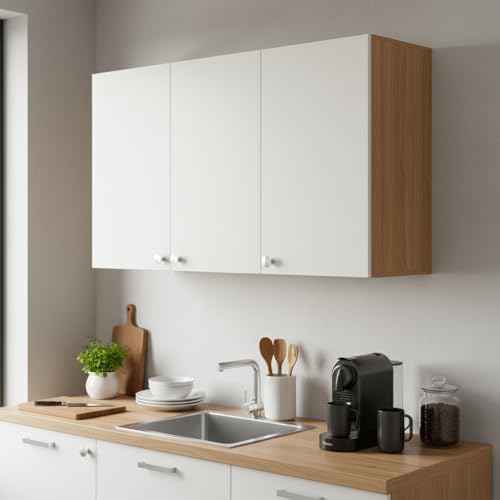 Image of FURNEASER Wall Mounted Kitchen Cabinet, Exotic Teak & White 2 | Engineered Wood, Doors & Open Shelves, Wall Storage, Modern Wall Organizer Cupboard