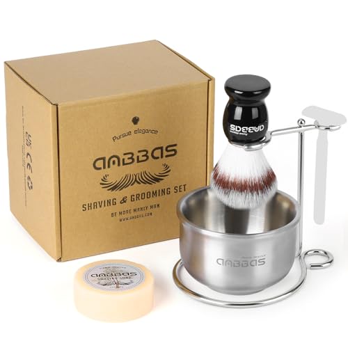 Anbbas Rasierpinsel-Set aus synthetischem Dachshaar, Edelstahl-Rasiermesser und Pinselständer und Schaumschale,natürliche Rasierseife, Puck-Nachfüllpackung für Männer