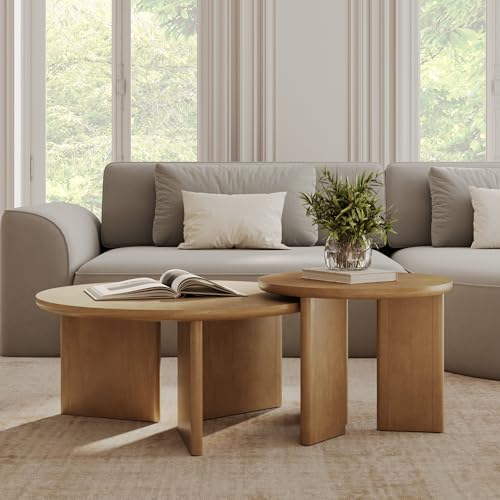 Image of Nathan James Davis Round Wooden Coffee Table, Nesting Coffee Table Set, Nested Table Furniture for Living Room, Light Brown