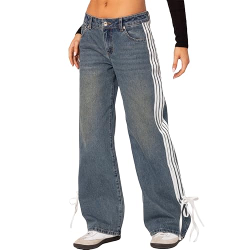 Miqil Women Side Stripe Jeans Y2k Bow Tie Decor Low Waist Straight Wide Leg Denim Pants Trendy Pockets Versatile Baggy Jeans