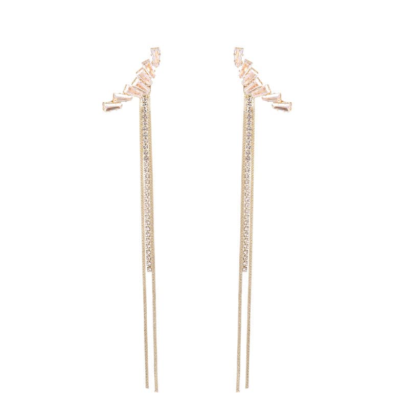 VembleyKorean Gold-plated Long Double Chain Crystal Zircon Studded Tassel Earrings For Women And Girls 2Pcs/Set