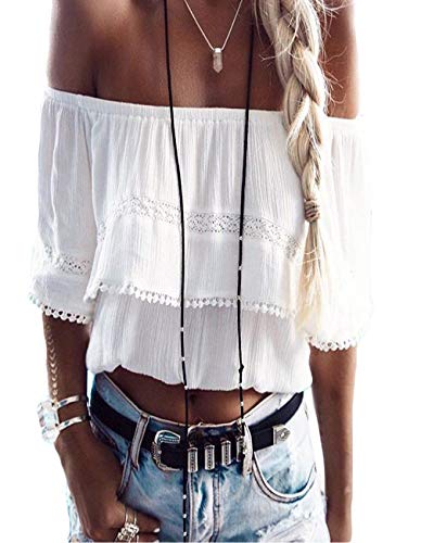 Women Summer Off Shoulder Lace Shirt Sexy Strapless Crop T-Shirt Tops for Juniors (White,L)