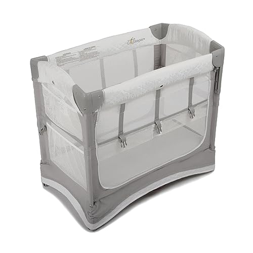 Arm’s Reach Mini Ezee 3 in 1 Co-Sleeper Folding Bedside Bassinet and Play Yard Featuring Breathable Mesh Sides with Side Pockets for Storage and 4-Inch Sleeping Nest Height