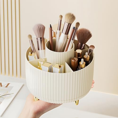 Diesisa Makeup Brush Holder Organizer,360° Rotating Makeup Brush Organizer,5 Slot Make up Brushes Cup for Cosmetics, Nail Polish, Art Supply, Bathroom Vanity Desktop Organizer - Cream