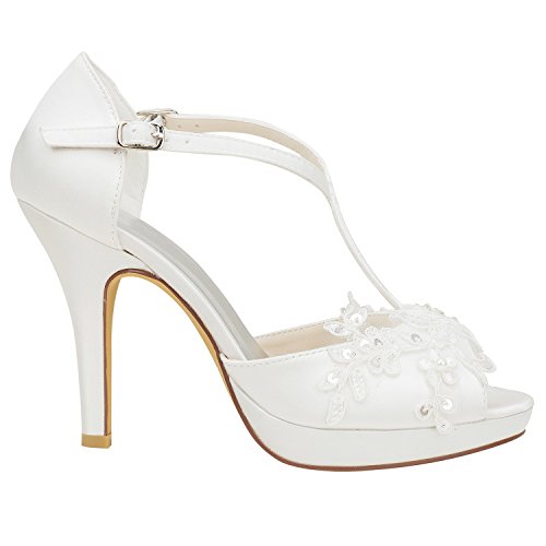 Emily Bridal Scarpe da Sposa La Seta delle Donne Come la Piattaforma della Punta del Tallone del Tacco del Raso del Raso con la Perla del Merletto di Cucitura (EU39, Ivory)