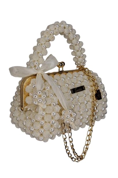 Handmade Pearl Clutch Bag with Pearl Handle for Women, Wedding Party Engagement Haldi Function, Elegant Floral Purse, White-image-37