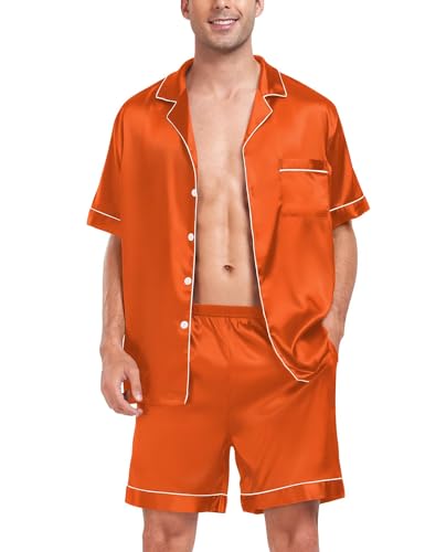 Image of SWOMOG Men Satin Silk Pajamas Sets Short Sleeve Sleepwear Button-Down PJs Sets Two-Pieces Loungewear with Pockets