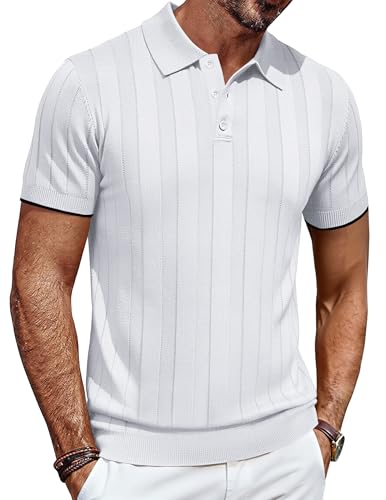 Image of COOFANDY Shirts for Men Knitted Polo Shirt Short Sleeve Golf Shirt Stretch Striped Polo Shirts Smart Casual Tops White XL