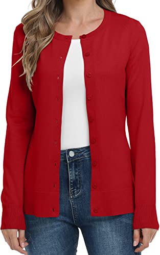 YUNDAI Womens Cardigan Sweaters Crew Neck Classic Fall Long Sleeve Button Down Blouse