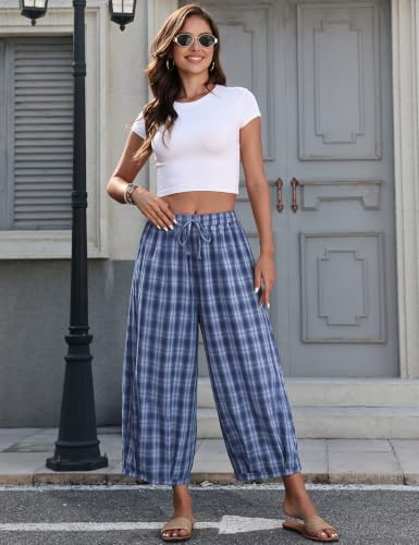 Image of TARSE Women's Plaid Cotton Linen Wide Leg Pants with Pockets