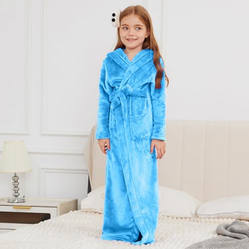 Image of Jxstar Girls Bathrobes Kids Long Hooded Robes Plush Full Length Coral Fleece Pajamas Sleepwear