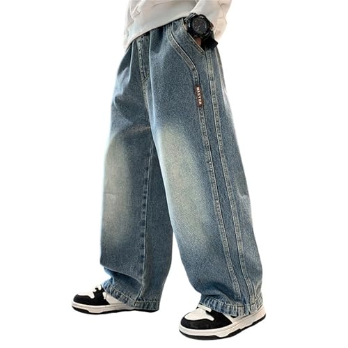 Boys Baggy Wide Leg Jeans Straight Patchwork Elastic Waist Retro Streetwear Denim Pants Kids Loose Fit Trousers