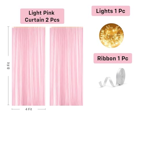 Image of Party Propz Pink Backdrop for Decoration - 4 Pcs, Backdrop Cloth for Decorations Pooja, Background Decoration Items, Pink Satin Curtain with Ribbon & Light (Satin Mix)