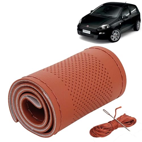 Image of KINGSWAY PU Leatherite Car Steering Cover Sewable Compatible with Fiat Punto (Year 2005-2019), Tan Color with Tan Thread, Pack of 1 with Sewing Needle and Thread