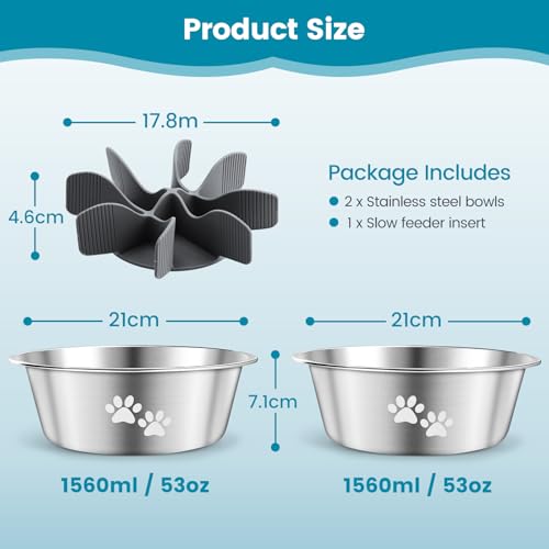 PETTOM 2 Stück Edelstahl Hundenapf mit Anti Schling Einsatz, 2-in-1 Antischlingnapf Hunde, Futternapf Hund 1560ML mit Rutschfestem Silikonboden, Anti Schling Napf Hundenapf für Große Mittelgroße Hunde