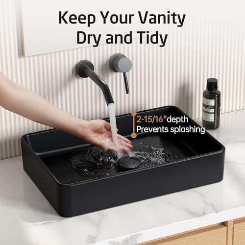 Image of KES Matte Black 20 Inch Bathroom Vessel Sink Above Counter Rectangular Countertop Sink for Cabinet Lavatory Vanity, Ceramic, BVS123S50-BK