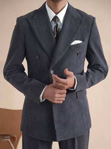 Mens Suits 2 Piece Retro Corduroy Dress Suit Double Breasted Prom Tuxedos Jacket Pants Set4