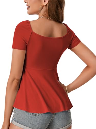 Image of Rooscier Women's Ribbed Knit Sweetheart Neck Tops Cute Drawstring Ruffle Short Sleeve T Shirts
