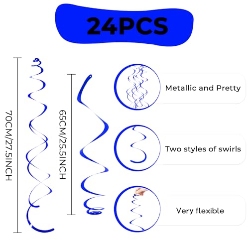 Image of 24 PCS Blue Hanging Swirl,Sparkle Ceiling Hanging Decorations, Plastic Streamer Party Decorations with Double-Swirls and Single-Swirls for Birthday Decorations,Graduation,Independence Day,4th of July