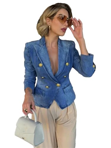 Women's Denim Jacket Suit Double Breasted Blazer Long Sleeve Jackets