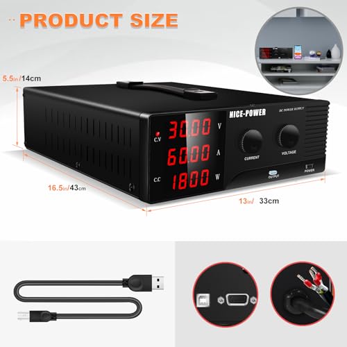 Image of NICE-POWER DC Power Supply Variable 30V 60A, 1800W High Power Benchtop Power Supply with Encoder Adjustable Switching Voltage Regulator, Benchtop Laboratory Power Supply with Built-in Intelligent Fan