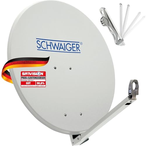 SCHWAIGER Antena parabólica I Ø 80 cm de aluminio Offset Antena en gris claro I Multifeed adecuado & resistente a la intemperie I Cuenco de satélite con brazo LNB y soporte de mástil I Potencia de