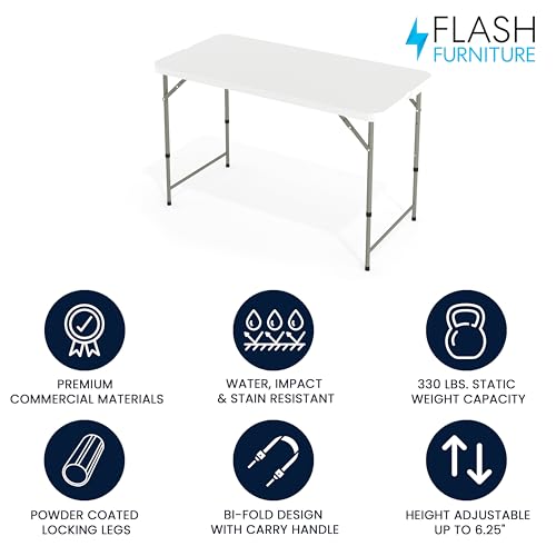 Flash Furniture 4' Rectangular Plastic Folding Event Table with Adjustable Legs and Carrying Handle, Bi-Fold Portable Banquet Table for Indoor/Outdoor Events, White by Flash Furniture - Image 2
