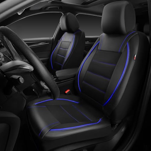 Image of CAR PASS Universal FIT Piping Leather Two Front Seat Covers, Waterproof Faux Leather for SUV Sedan Van Truck, Airbag Compatible,Reserved Opening Holes for Headrest Covers. (Black and Blue)