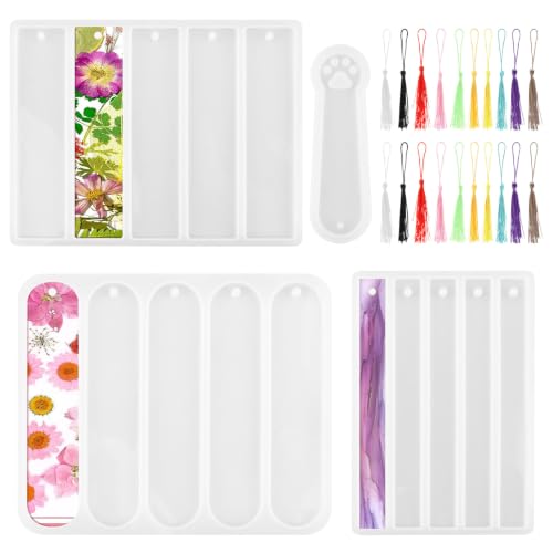 4 Pcs Bookmarks Silicone Molds 4-Shape 16-Cavity Bookmark Resin Molds with 20 Pcs Tassels DIY Craft Handmade Bookmarks Molds for Epoxy Resin