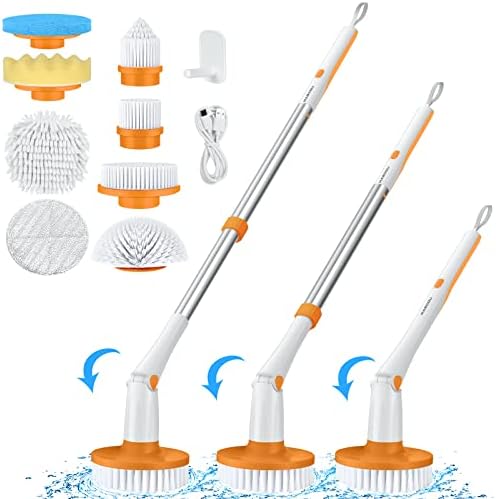 MABOGU Electric Spin Scrubber,Cordless Cleaning Brush with 8 Replaceable Brush Heads, Adjustable Extension Handle and Scrubber Speeds, Shower Scrubber for Cleaning Bathroom Tub Tile Floor(Orange)
